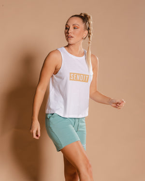 White Send It Box Ladies Tank